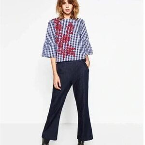 Zara Woman Floral Embroidered Gingham Check Bell Sleeve Size Medium